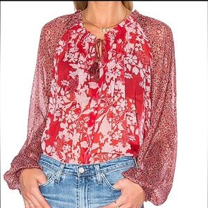 Free People Floral pheasant style Red Balloon sleeve easy fit Women's Top XS